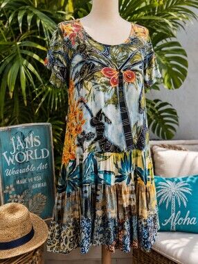 Jams World XS Wearable Art Hawaiian Tropical Dress | Gecko Palm Print | Made USA